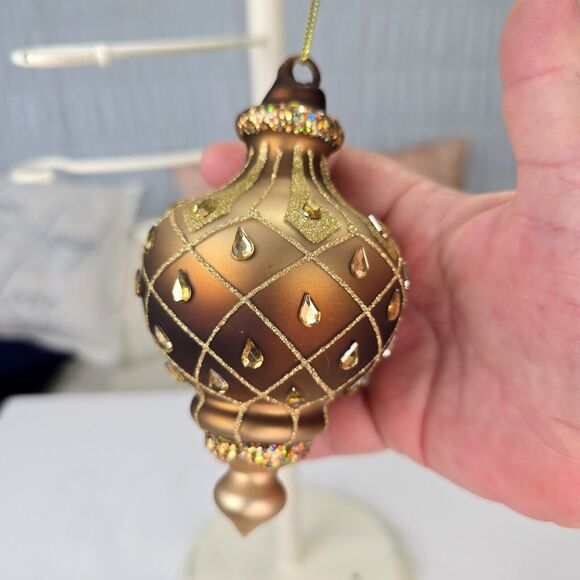 Blown Glass Finial Christmas Ornament Bronze Rhinestone Glitter - Picture 2 of 7